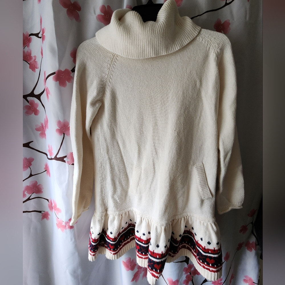 GAP Girl's Off White Red Blue Holiday Turtle Neck LS Sweater Dress Size XL (12)